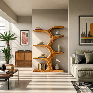 Organic Wooden Bookshelf With Branch Form For Living Room
