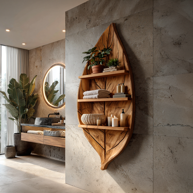 Sculptural Wooden Leaf Bathroom Shelf For Spa Spaces