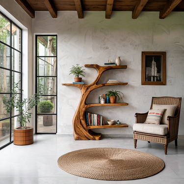 Rustic Wooden Curved Bookshelf Tree Design For Living Room