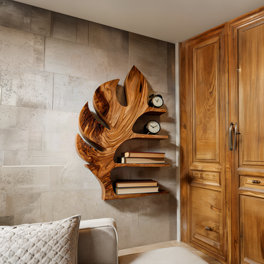 Wood Tropical Botanical Floating Bookshelf For Living Room Accent Wall