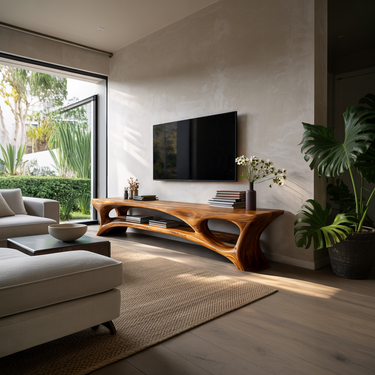 Organic Wood TV Stand With Open Shelf For Living Space