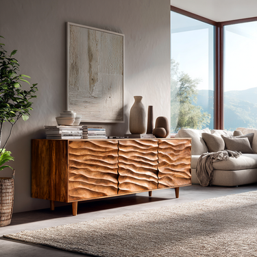 Modern Wooden Sideboard With Carved Wave Doors For Living