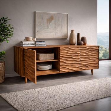 Modern Wooden Sideboard With Carved Wave Doors For Living