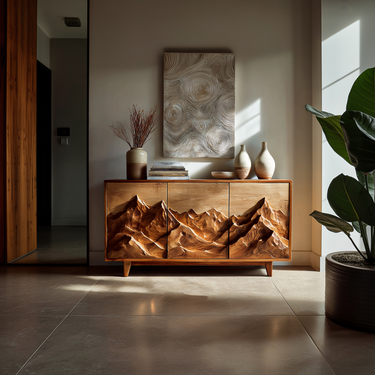 Modern Wood Sideboard With Mountain Relief For Home Interior