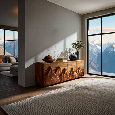 Statement Wooden Sideboard With Mountain Landscape Doors For Interior
