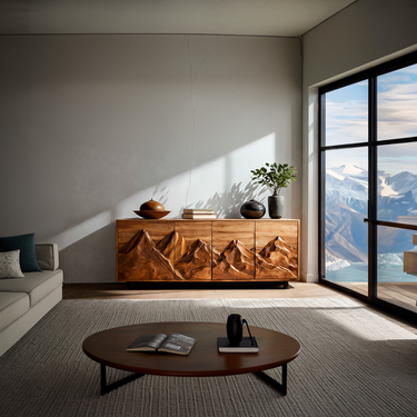 Statement Wooden Sideboard With Mountain Landscape Doors For Interior
