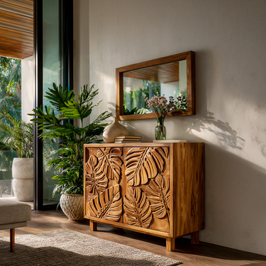 Modern Wooden Sideboard With Leaf Carved Doors For Home