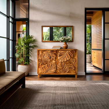Modern Wooden Sideboard With Leaf Carved Doors For Home