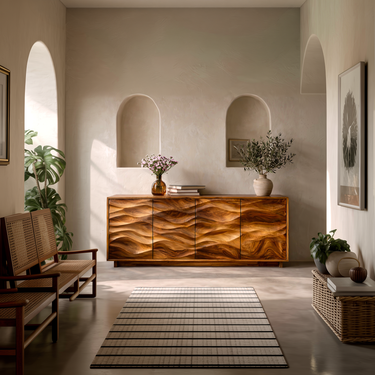 Minimalist Wooden Wave Carved Sideboard For Home