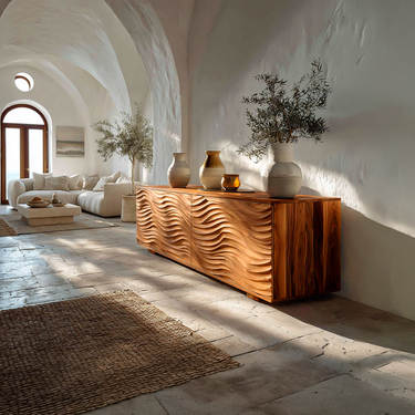 Handcrafted Wooden Sideboard With Sculpted Wave For Living Room