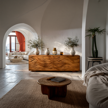 Handcrafted Wooden Sideboard With Sculpted Wave For Living Room