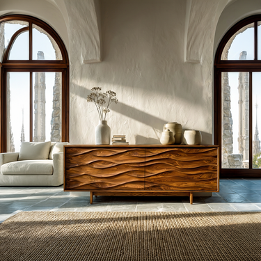 Contemporary Sideboard With Carved Wave Front Panels For Home
