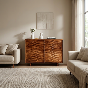 Modern Wooden Sideboard With Flowing Wave Doors For Living