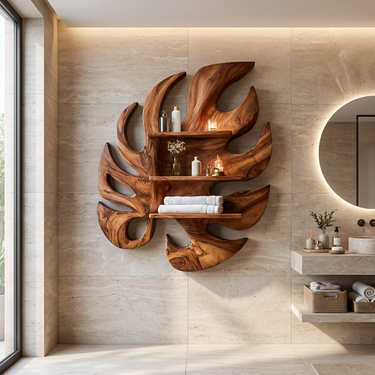 Contemporary Wooden Leaf Bathroom Shelf For Spa Decor