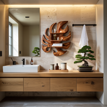 Contemporary Wooden Leaf Bathroom Shelf For Spa Decor