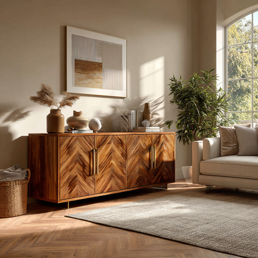 Sculptural Wood Sideboard With Layered Wave For Luxury Home