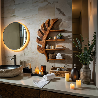 Tropical Wooden Leaf Wall Bathroom Shelf For Bathroom