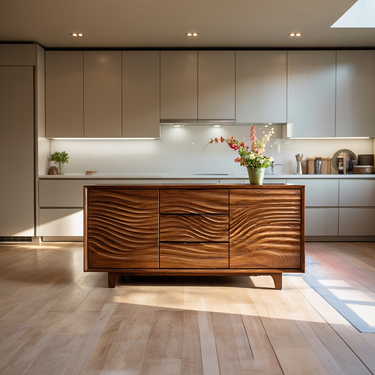 Modern Wood Sideboard With Wave Carving For Minimalist Home