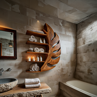 Artistic Wood Leaf Bathroom Shelf For Bathroom