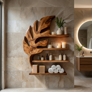 Modern Wooden Leaf Bathroom Shelf For Bathroom Interior