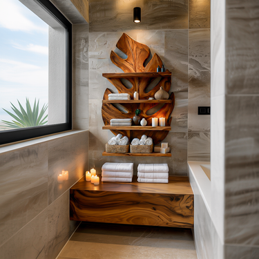Contemporary Wooden Tropical Leaf Wall Shelf For Spa Decor