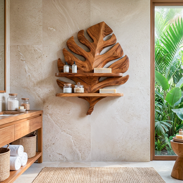 Organic Wooden Leaf Wall Shelf For Bathroom Spa Decor