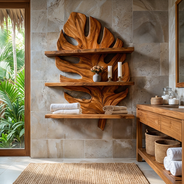 Sculpted Wooden Leaf Bathroom Shelf For Elegant Bathroom