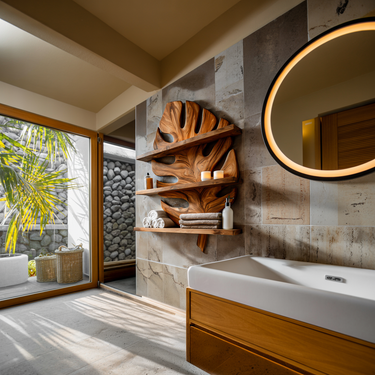 Sculpted Wooden Leaf Bathroom Shelf For Elegant Bathroom