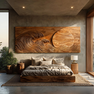 Modern Wood Wave And Sun Wall Art For Living Space