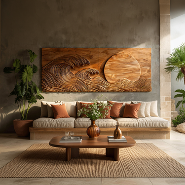 Modern Wood Wave And Sun Wall Art For Living Space