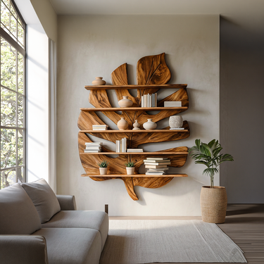 Contemporary Wooden Leaf Bookshelf For Living Room Design