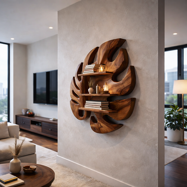 Wooden Leaf Inspired Wall Mounted Bookshelf For Living Decor
