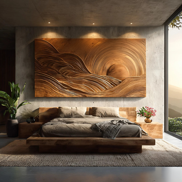 Wooden Mountain Sun Landscape Wall Art For Contemporary Interior