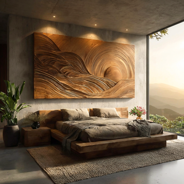 Wooden Mountain Sun Landscape Wall Art For Contemporary Interior