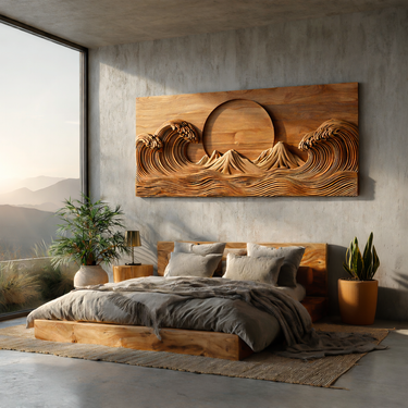 Modern Wooden Ocean Wave Wall Art Hand Carved For Bedroom Decor