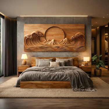 Modern Wooden Ocean Wave Wall Art Hand Carved For Bedroom Decor