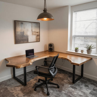 Live Edge L Shaped Desk Solid Wood Office Table with Metal Legs for Modern Home Office