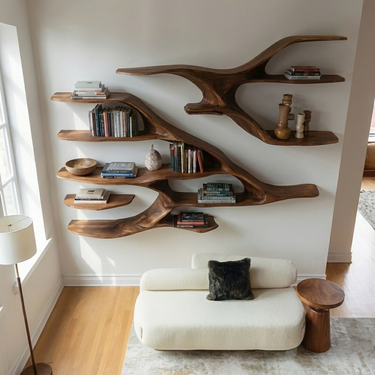 Organic Wooden Wall Shelf For Contemporary Living Room Decor