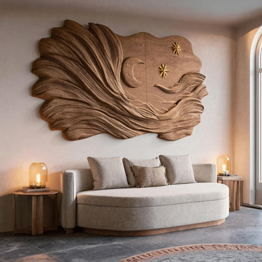 Organic Moon And Star Carved Sculpture Panel For Living Decor