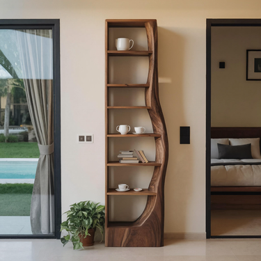 Organic Wooden Standing Shelf With Curved Side For Living Display