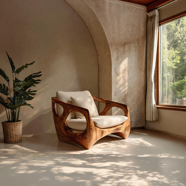 Organic Accent Chair With Carved Frame For Living Room