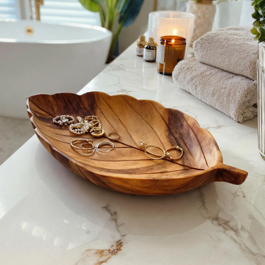 Rustic Leaf Carved Jewelry Tray For Bathroom