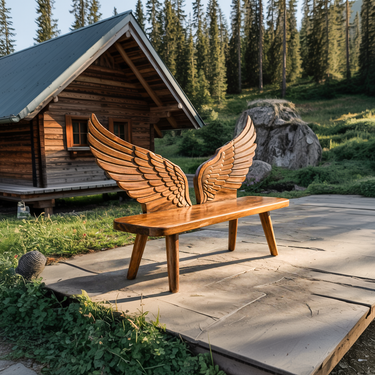Modern Wood Bench With Wing Backrest For Exterior Seating