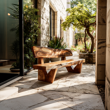 Handcrafted Outdoor Bench With Live Edge Backrest For Garden