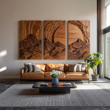 Set Wall Art With Mountain And Sunrise Carved For Living Room