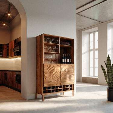 Sculptural Bar Cabinet With Wave Doors And Wine Storage For Kitchen