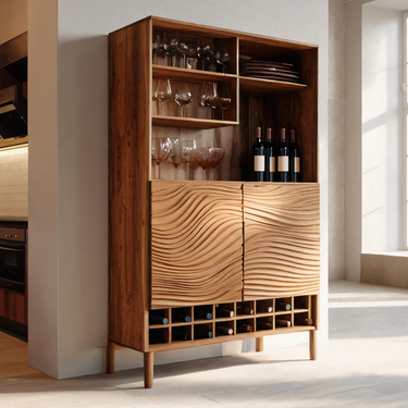 Sculptural Bar Cabinet With Wave Doors And Wine Storage For Kitchen