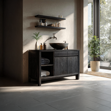 Handcrafted Black Bathroom Vanity With Open Shelves For Bathroom