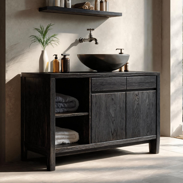 Handcrafted Black Bathroom Vanity With Open Shelves For Bathroom