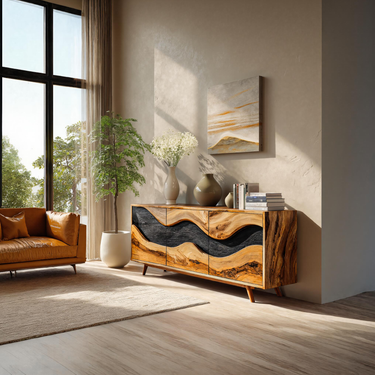 Rustic Handcrafted Wave Sideboard For Living Room